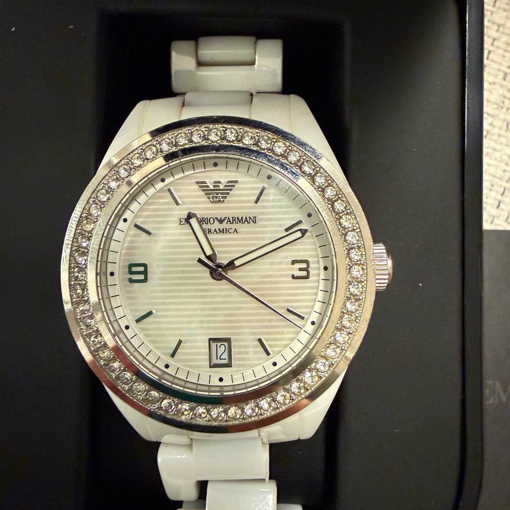 Emporio Armani ceramica white mother of pearl dial stainless steel watch